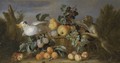 A Still Life With Pears, Apricots And Peaches In A Basket With A Monkey And A Cockatoo In A Landscape - (after) Tobias Stranover