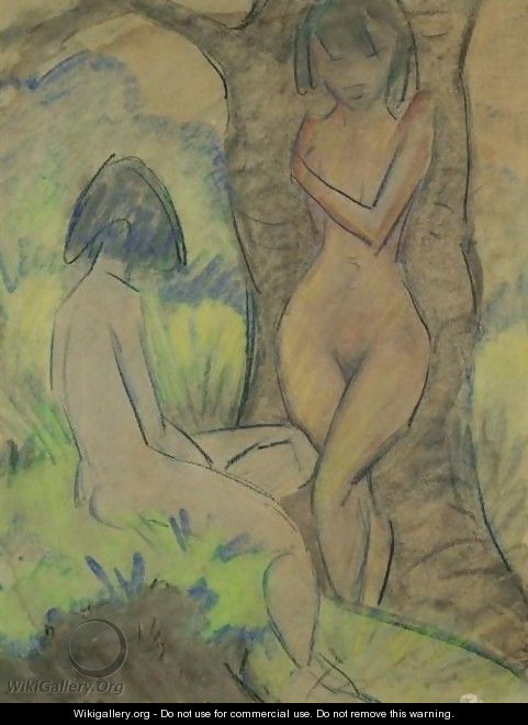 Two Girls, One Of Them Leaning Against A Tree, The Other One Sitting In The Grass - Otto Mueller