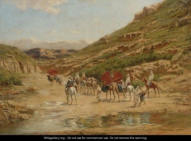 An Algerian Caravan Crossing A Riverbed - Victor Pierre Huguet