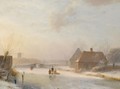 Figures On The Ice At Sunset - Andreas Schelfhout
