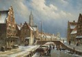 Figures On A Frozen Canal In A Dutch Town - Oene Romkes De Jongh