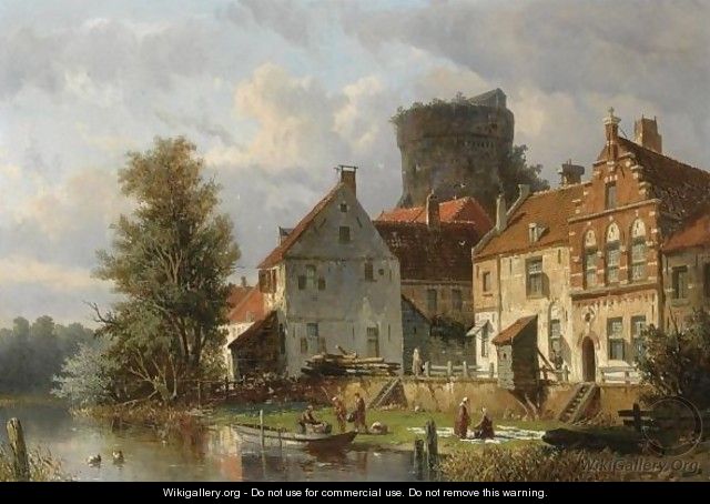 Many Figures In A Waterfront Town - Adrianus Eversen