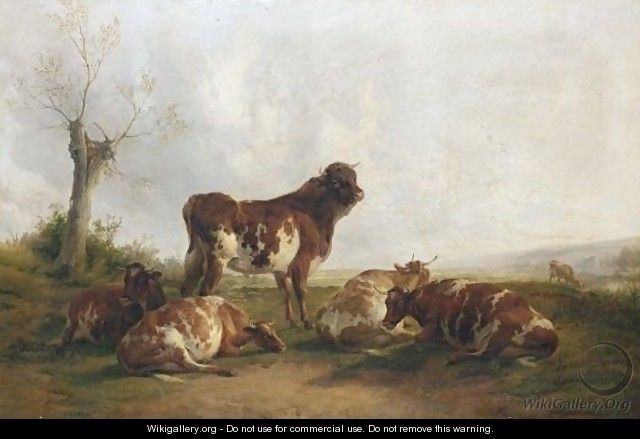 Four Cows And A Bull In The Stour Meadows - Thomas Sidney Cooper