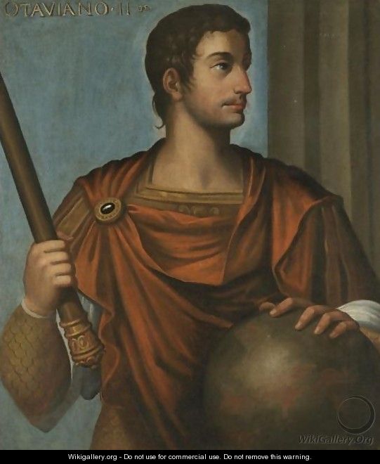Portrait Of The Emperor Augustus, Half Length, Holding A Baton And Resting His Hand On A Globe - (after) Bernardino Campi