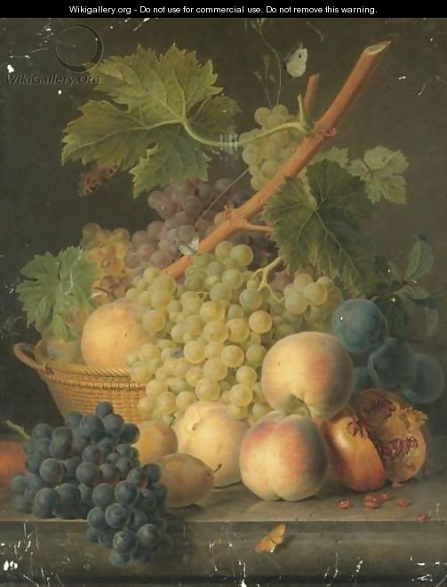 Still Life With Grapes And Peaches In A Basket, An Open Pomegranate, Plums, Black Grapes And More Peaches On The Marble Ledge Beneath - Jan Frans Van Dael