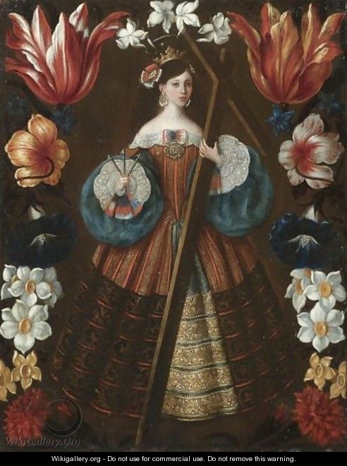 Saint Helena Surrounded By A Garland Of Flowers - Spanish School