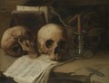 A Vanitas Still Life With Skulls, An Extinguished Candle And Musical Scores On A Stone Ledge - Spanish School