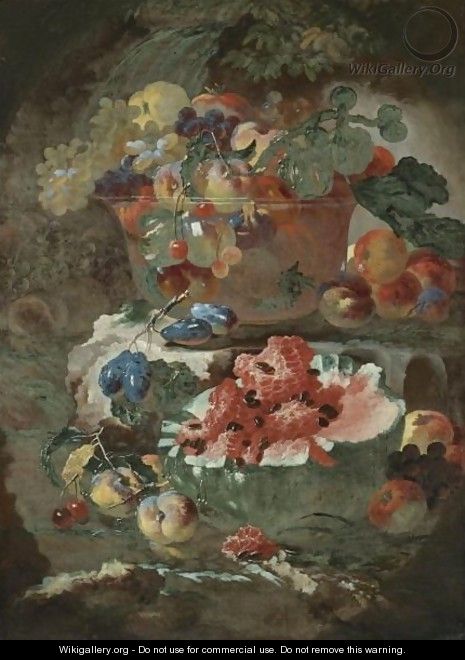 Still Life Of Fruit Including An Open Watermelon, Peaches And Plums - Giovanni Paolo Castelli (lo Spadino)