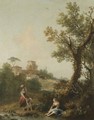 A Wooded River Landscape With A Boy And His Mother Fishing And Another Woman Resting - Francesco Zuccarelli