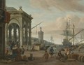 A Mediterranean Harbour Scene With Merchants And Orientals Conversing On The Quay - Abraham Storck