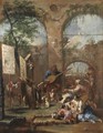 An Architectural Capriccio With A Musician And Peasants Before A Portable Altar With Saint Anthony Of Padua - Alessandro Magnasco