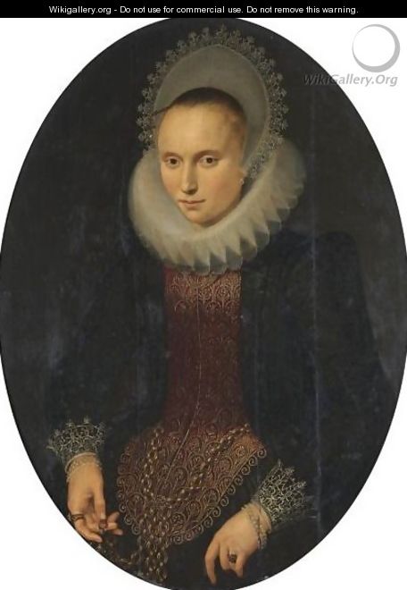 Portrait Of A Lady, Half-Length, Wearing A Red And Black Richly Embroidered Jacket, A White Ruff And A White Headdress - Cornelis van der Voort