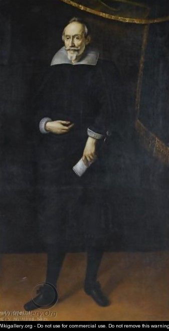 Portrait Of Paolo Camillo, Full Length, Wearing A Black Costume With A White Collar And Holding A Document - Lombard School