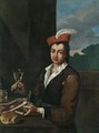 Portrait Of A Boy Seated At Table Holding A Glass Of Wine And Two Steaks - (after) Antonio Amorosi