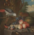 A Still Life With A Parrot And Other Birds, Grapes, Plums, A Watermelon, Peaches And A Snail On A Stone Ledge - (after) Jacob Bogdani