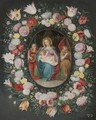 The Madonna And Child With Two Angels Surrounded By A Garland Of Flowers - (after) Frans II Francken