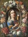 A Garland Of Flowers With A Female Saint Holding The Eucharist, Probably Saint Barbara - Florentine School