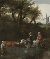 A Wooded Landscape With Peasants Fording A River, A Windmill Beyond To The Right - Jan Siberechts