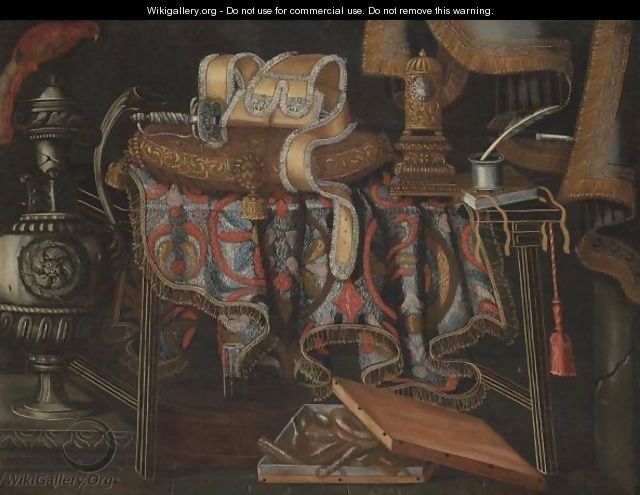 A Still Life With A Sword Resting On A Cushion, A Clock, A Book And An Inkwell On A Partly Draped Table - Johann Georg Hamilton