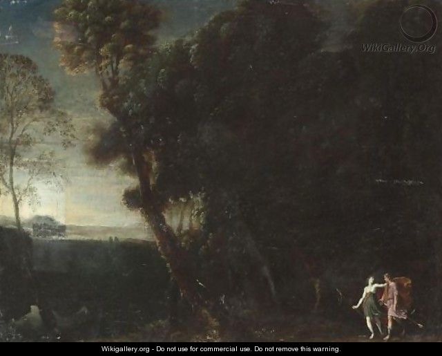 A Wooded Landscape With Two Hunters, Probably Cephalus And Procris - (after) Francesco Allegrini