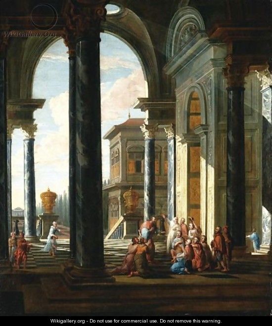 An Architectural Capriccio With Christ Healing The Sick - (after) Jacobus Saeys