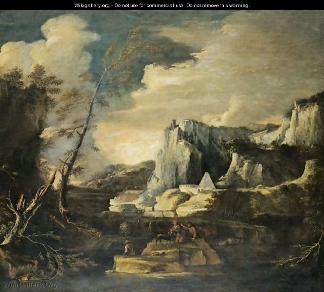 An Extensive River Landscape With Figures Fishing And Playing With A Dog In The Foreground - Salvator Rosa