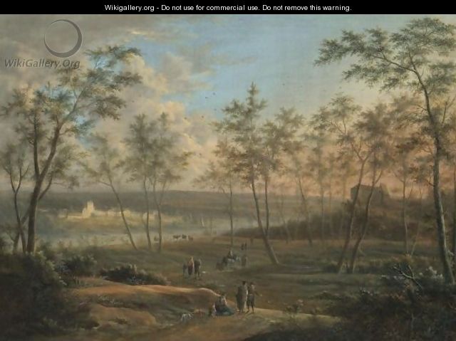 A Wooded River Landscape With Travellers On A Path, An Abbey Beyond - Johann Christian Vollerdt or Vollaert