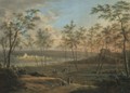 A Wooded River Landscape With Travellers On A Path, An Abbey Beyond - Johann Christian Vollerdt or Vollaert