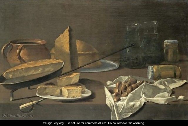 A Still Life With An Earthenware Jug, A Tortilla In A Frying Pan - Spanish School
