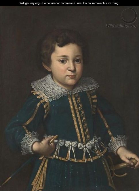 Portrait Of A Boy, Half Length, Wearing A Blue Coat With A Gold Trim And A Lace Collar, And Holding A Sword And A Dagger - Florentine School