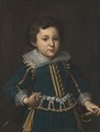 Portrait Of A Boy, Half Length, Wearing A Blue Coat With A Gold Trim And A Lace Collar, And Holding A Sword And A Dagger - Florentine School