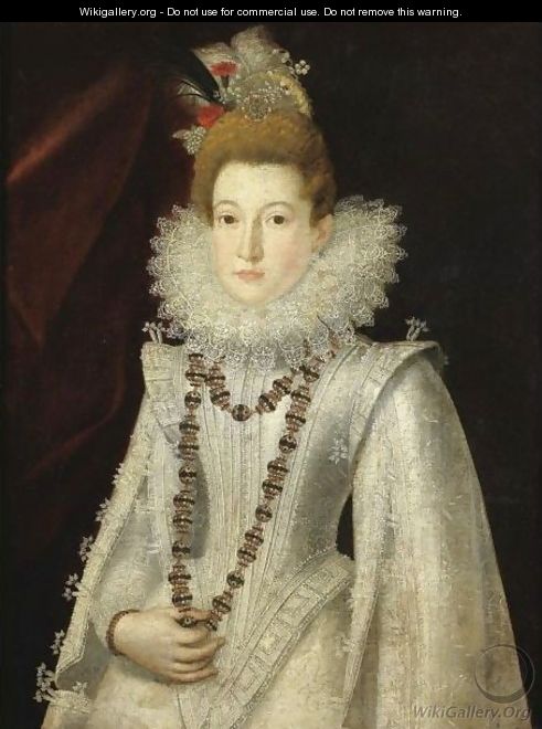 Portrait Of A Lady, Half Length, Wearing A White Richly Embroidered Dress And Holding A Necklace - (after) Alonso Sanchez Coello