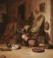 A Still Life Of Earthenware Pots, Barrels, Baskets, Jugs, An Earthenware Plate With Fish, Together With Ducks, In A Barn - Hendricksz. Bogaert