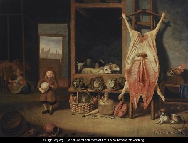 A Barn Interior With A Slaughtered Pig, A Young Boy Playing With A Pig