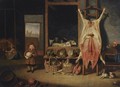 A Barn Interior With A Slaughtered Pig, A Young Boy Playing With A Pig's Bladder, Sheep - Hubert van Ravesteyn