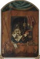 A Trompe L'Oeil With A Painting Of A Vanitas Still Life With A Skull, A Silver Gilt Chalice, A Candlestic - Franciscus Gijsbrechts