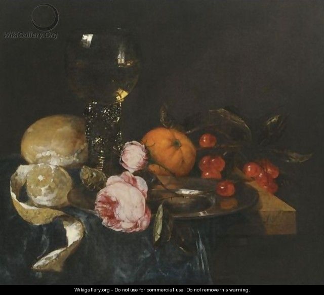 A Still Life With A Roemer, A Peeled Lemon, Bread, Roses On A Pewter Plate, An Orange And Cherries, All On A Draped Table - Abraham Van Beijeren