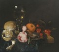 A Still Life With A Roemer, A Peeled Lemon, Bread, Roses On A Pewter Plate, An Orange And Cherries, All On A Draped Table - Abraham Van Beijeren