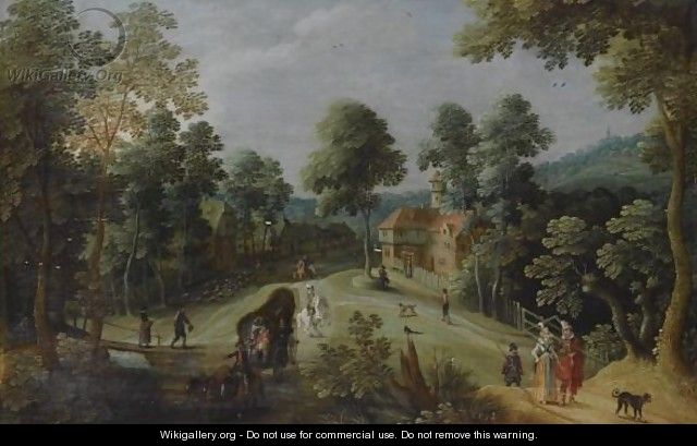 A Wooded Hilly Landscape With Elegant Travellers And A Horse-Drawn Wagon On A Path, Near A Village - Sebastien Vrancx