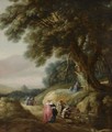 A Wooded Landscape With Elegant Travellers And Huntsmen On A Path, With A Woman And A Child Praying At A Shrine - Gillis The Elder Peeters