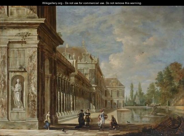 A Palace Capriccio Beside A Fountain With A Soldier And Elegant Figures In The Foreground - Jacobus Saeys