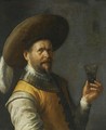 A Self Portrait Of The Artist, Half Length, Dressed As A Cavalier, Wearing A Feathered Head, Holding A Glass In His Left Hand - Joost Cornelisz. Droochsloot