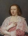 A Portrait Of A Lady, Half Length, Wearing A Red Dress With Elaborate White Lace Cuffs And Collar, And Pearl Jewellery - English School