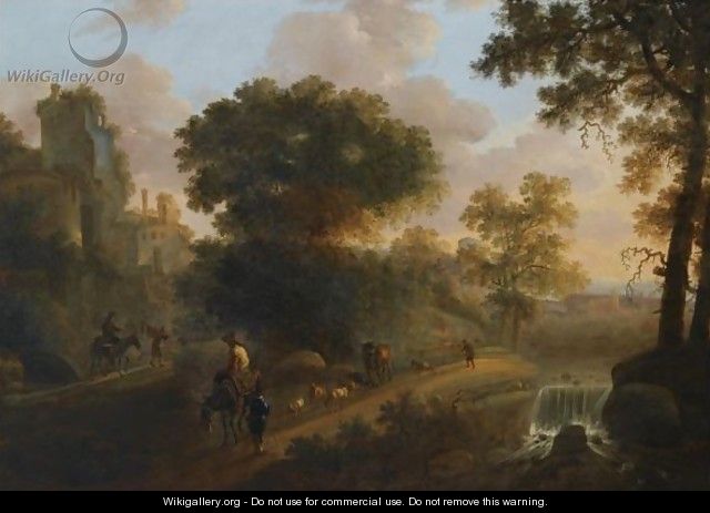 An Italianate Wooded Landscape With Shepherds Herding Their Flock And Cattle On A Path Near A Ruined Tower, A View Of A Village Beyond - Abraham Van Duijnen