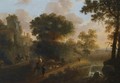 An Italianate Wooded Landscape With Shepherds Herding Their Flock And Cattle On A Path Near A Ruined Tower, A View Of A Village Beyond - Abraham Van Duijnen