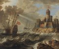 Two Men-O' War In A Rough Sea Near A Rocky Coast With A Fortified Town, Fishermen On The Rocks In The Foreground - Peter van den Velde