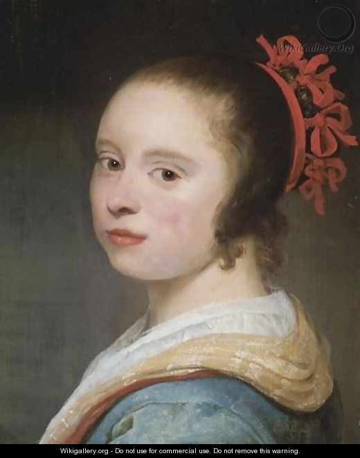 Portrait Of A Girl, Head And Shoulders, Wearing A Red Headdress - Haarlem School