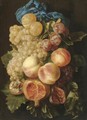 A Still Life With Plums, Grapes, Peaches And A Pomegranate Tied With A Blue Ribbon - Carstian Luyckx