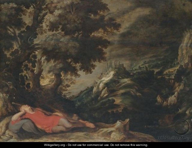 A Hillly Landscape With A Figure Resting In The Foreground, Possibly Jacob