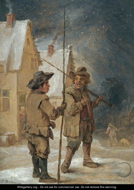 A Winter Scene With Two Chimneysweeps Conversing Before Some Cottages - David The Younger Teniers